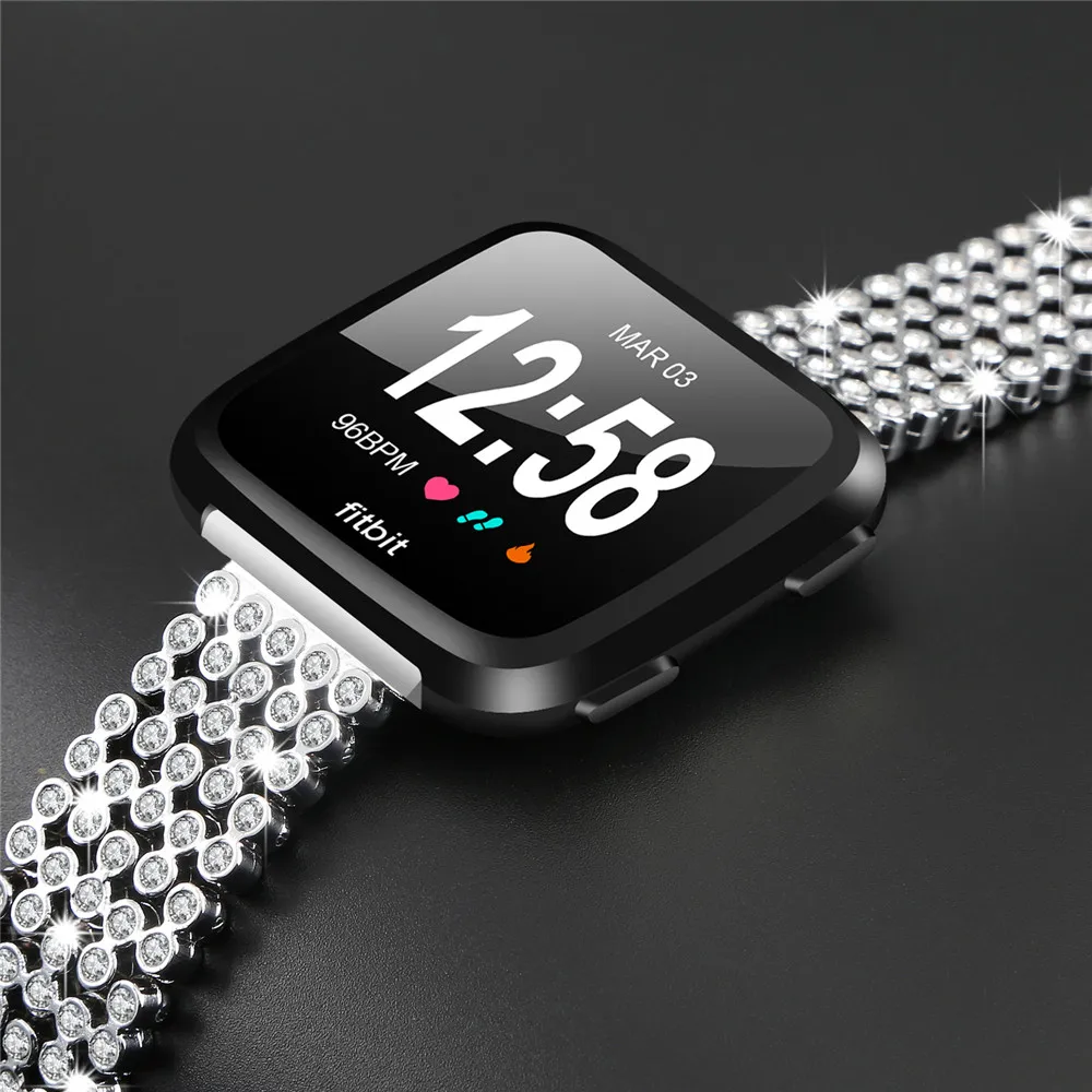Watch Strap For Fitbit Versa Five Steel Wrist Band 5 Beads Round Rhinestone Inlaid Solid Replace Wristbands Accessories Straps