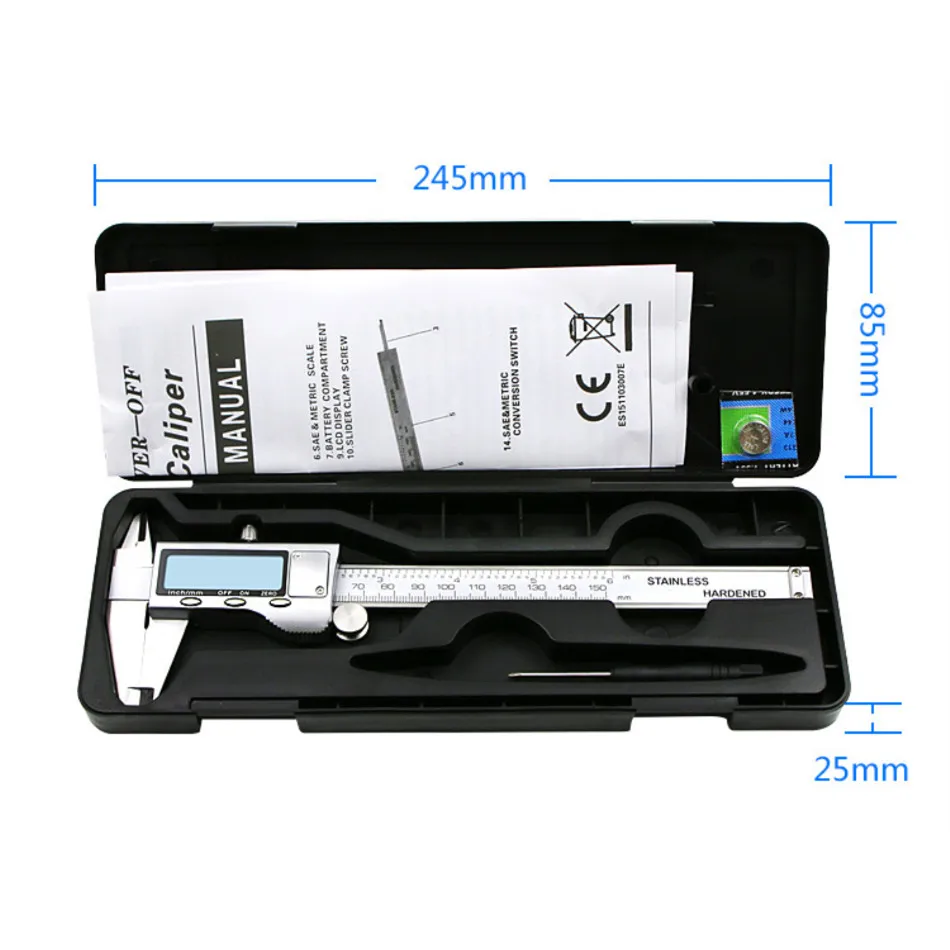 caliper-with-box Цифровой штангенциркуль из нержавеющей стали электронный цифровой штангенциркуль 6 дюймов 150 мм металлический микрометр измерительный инструмент штангенциркуль - Цвет: caliper-with-box