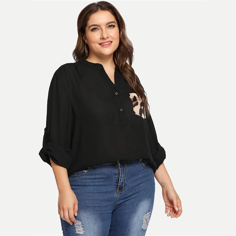 SHEIN Топ Размера Плюс С Карманом Стильный Топ С Контрастной Вставкой И Длинным Рукавом