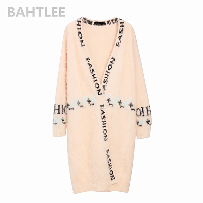 Pink BAHTLEE, зимний женский длинный кардиган из Ангорского Кролика, джемпер, норка, кашемир, вязаный свитер, свободный, сохраняющий тепло, с надписью, жаккардовый переплетенный - Цвет: Pink