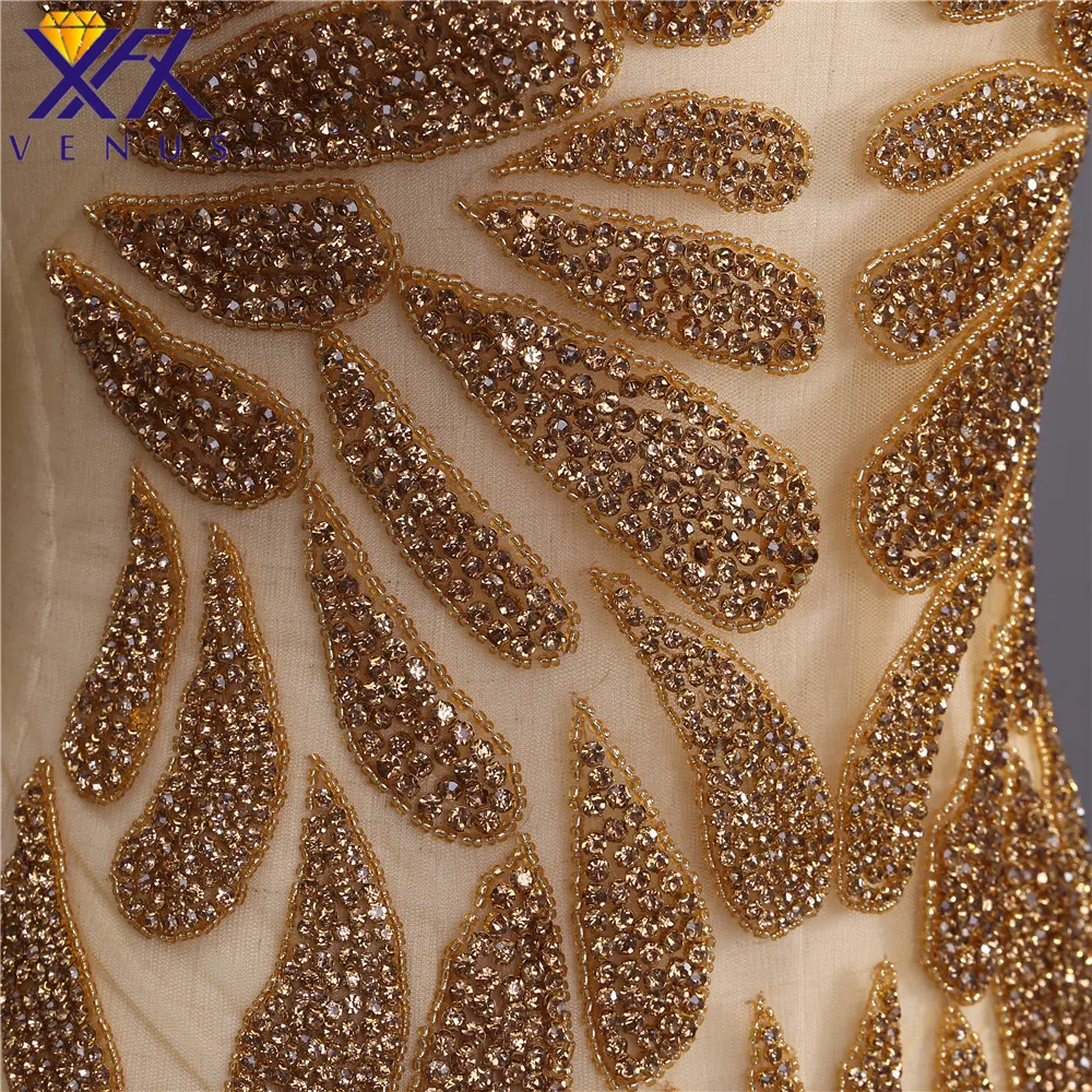 XFX VENUS 1 Set Handmade Gold Shine Rhinestones applique beads patches large size big trimming motif bodice for wedding dresses