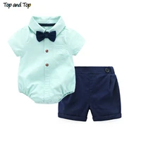 top and top summer baby boys gentleman striped clothes sets cotton short sleeve rompers shirts shorts bow tie 3pcsset