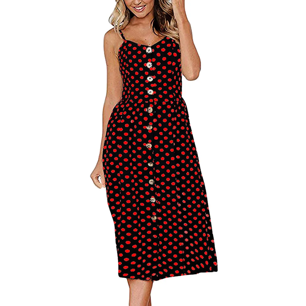 Fashion Womens Polka Dot Print Backless Sundress Button Chiffon Camis Long DressPolka Printed Sling Buttoned Open Back Dress | Женская