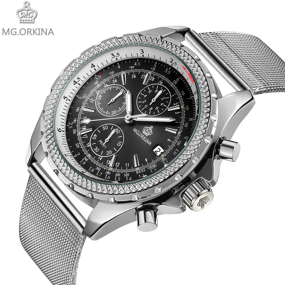 Новые роскошные Брендовые мужские наручные часы ORKINA с серебристым сетчатым