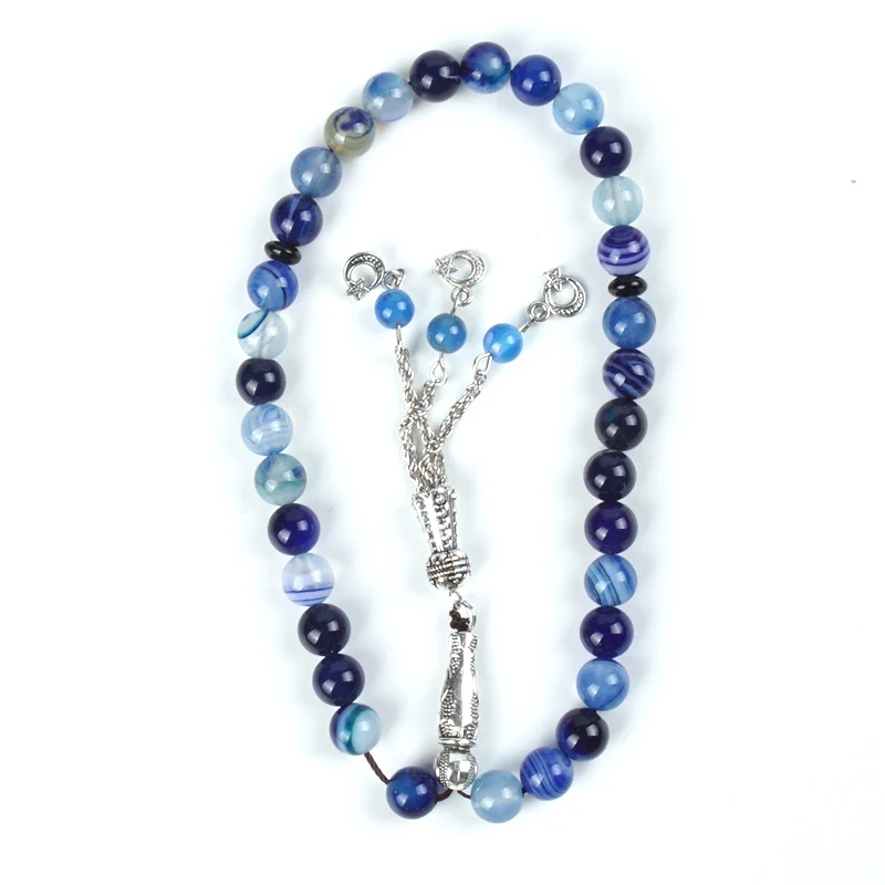 Новейший драгоценный камень Розария синяя полоса агат бусины 33 шт Tesbih 8 мм шарик