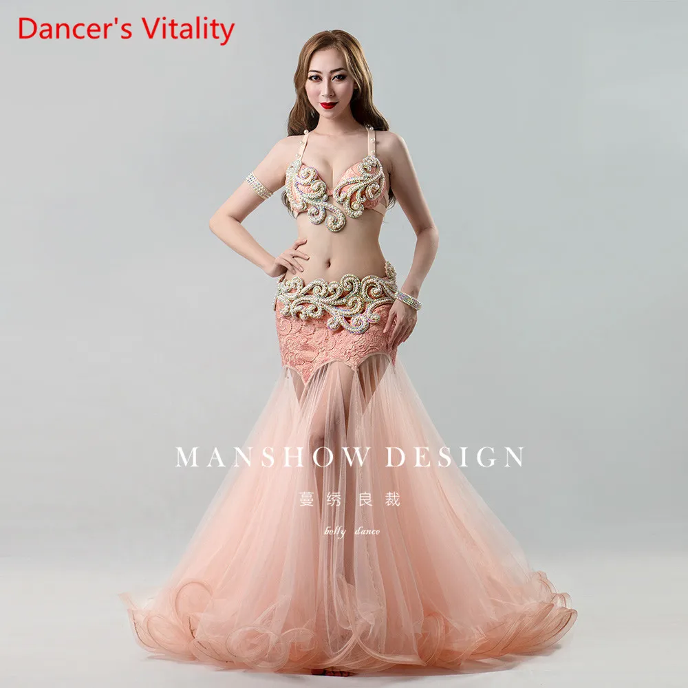 

Custom made Adult Kids Belly Dance Suit Senior Handmade Diamond Bra and Mesh Fishtail Skirt 2pcs Sets For Women Dancing Costume
