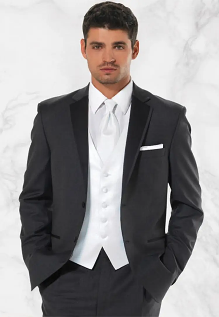 

Высококачественные темно-серые смокинги для жениха с двумя пуговицами, Свадебный Мужской костюм с вырезом, искусственная кожа (пиджак + брюки + жилет + галстук)