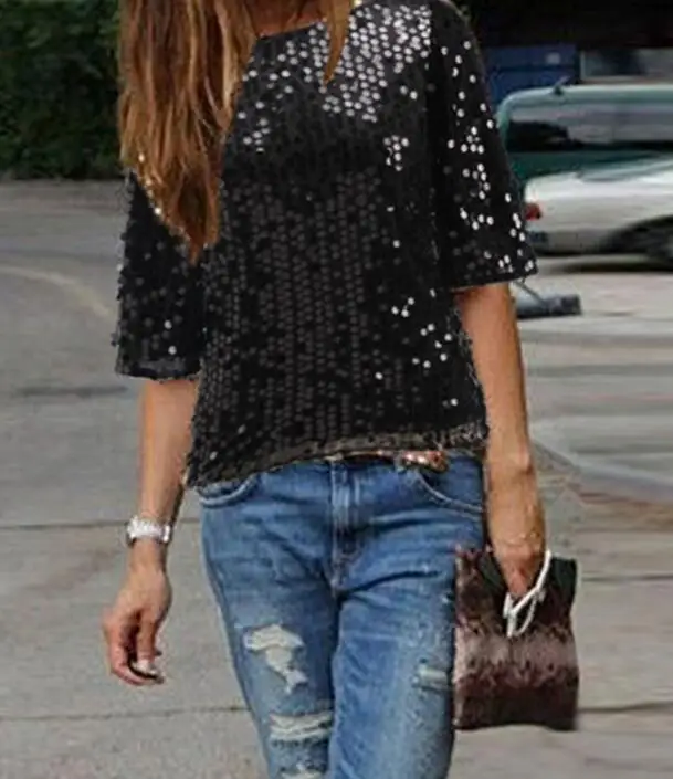 Блузка женская с открытыми плечами модный пикантный Свободный Топ блестками