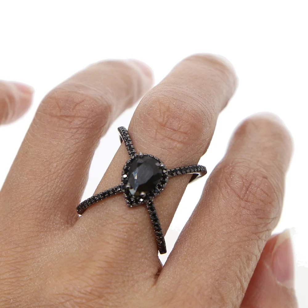 long criss cross stunning women full finger ring jewelry black gold filled Cross X tear drop cz | Украшения и аксессуары