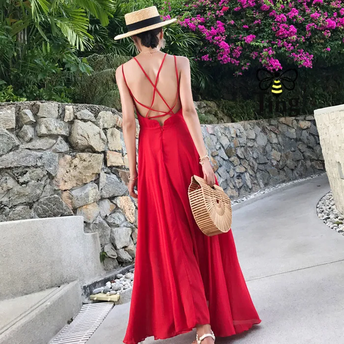 Tingfly пляжное богемное Летнее Длинное платье vestidos женское сексуальное платье с открытой спиной и v-образным вырезом на бретельках женское белое красное платье Макси - Цвет: red