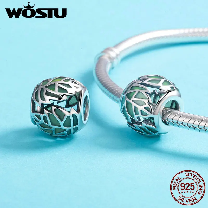 Женский браслет WOSTU из серебра 925 пробы с зелеными эмалированными бусинами