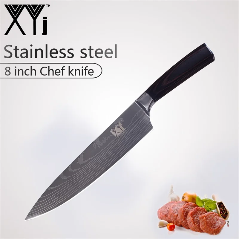 8 inch Chef Knife XYj высокоуглеродистая Нержавеющая сталь изысканный кухонный нож Подарочный цветной с деревянной ручкой Дамасские жилы кухонные ножи Набор - Цвет: 8 inch Chef Knife