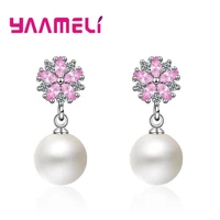 earrings with white round cubic zirconia 925 sterling silver pink petals shaped summer hot sale surprise birthday gift