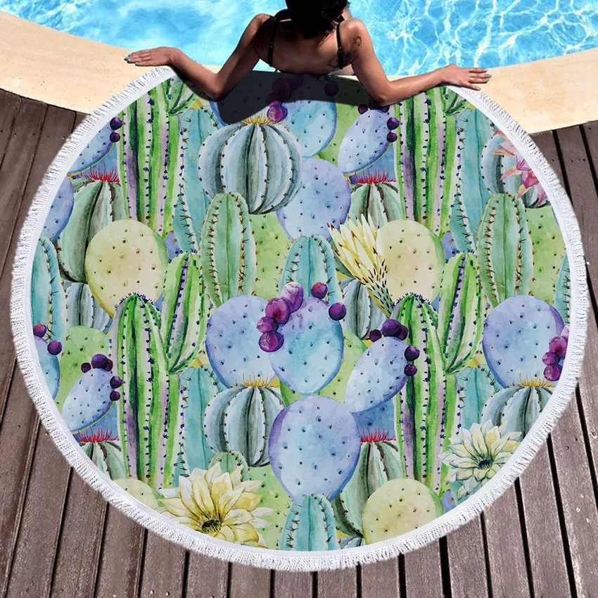 Летнее круглое пляжное полотенце с цветами и листьями богемный рюкзак кулиской