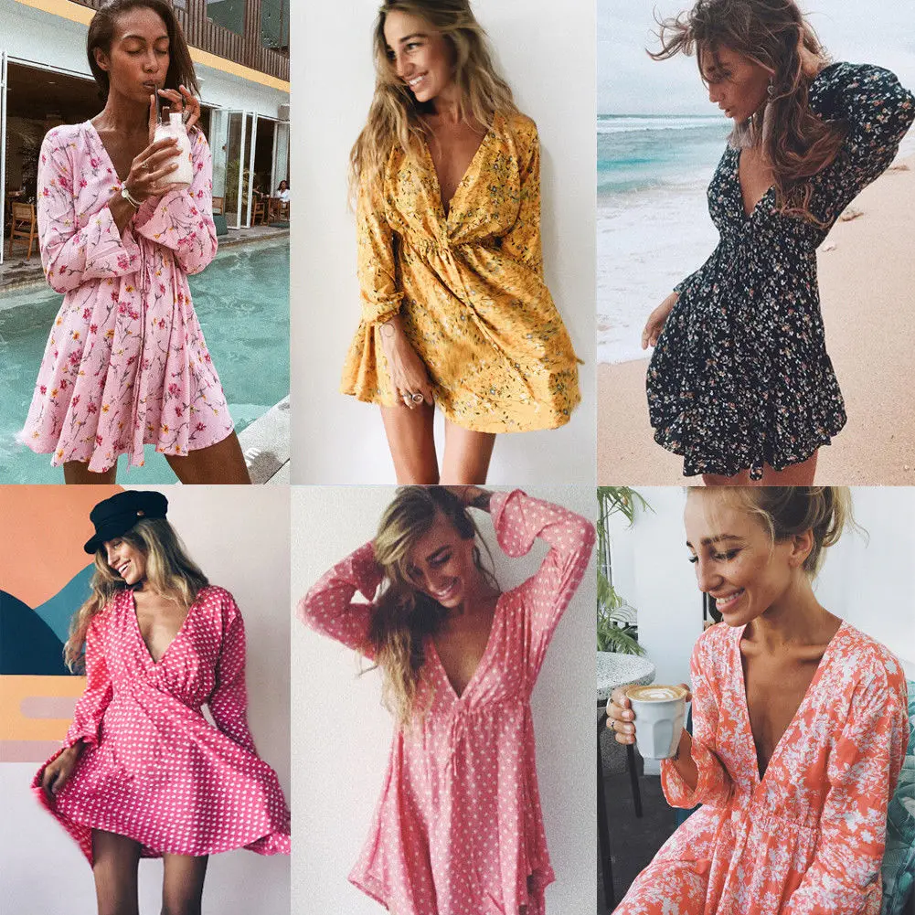 Women Summer Floral Long Sleeve Dress Party Clubwear Beach Holiday Sundress 6 Style Clothes Casual Pleated Print Dresses | Женская