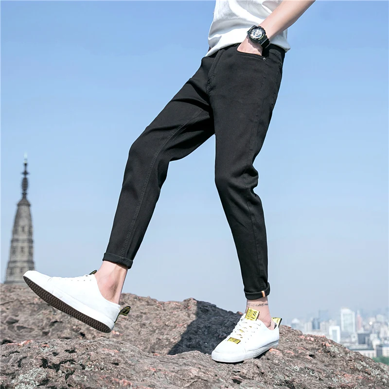 Промывают синий черный Slim Fit джинсы для женщин мужчин Высокое качество