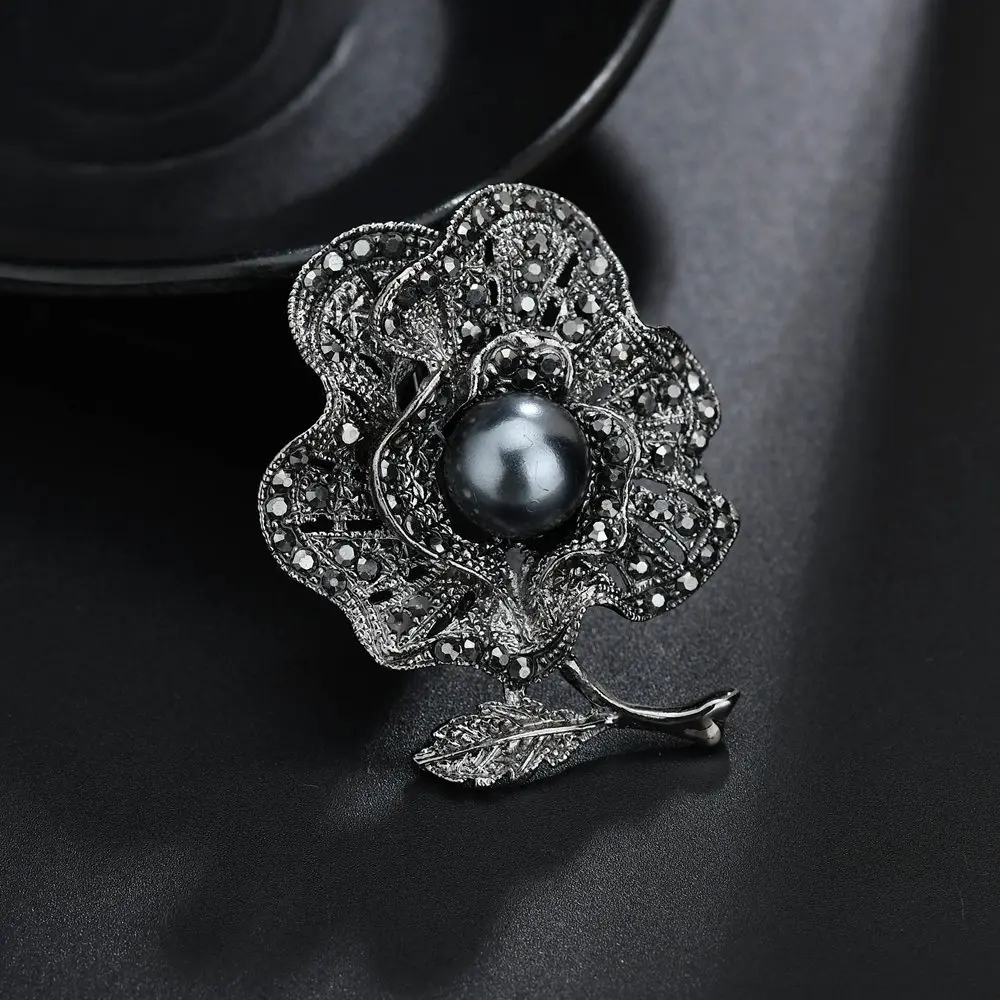 Брошь для шарфа Terreau Kathy винтажная брошка с имитацией черного жемчуга стразы
