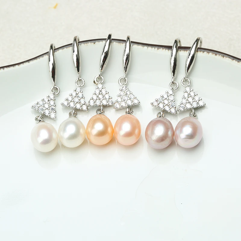 Серьги подвески с пресноводным жемчугом 8 9 мм белого розового золотого цвета