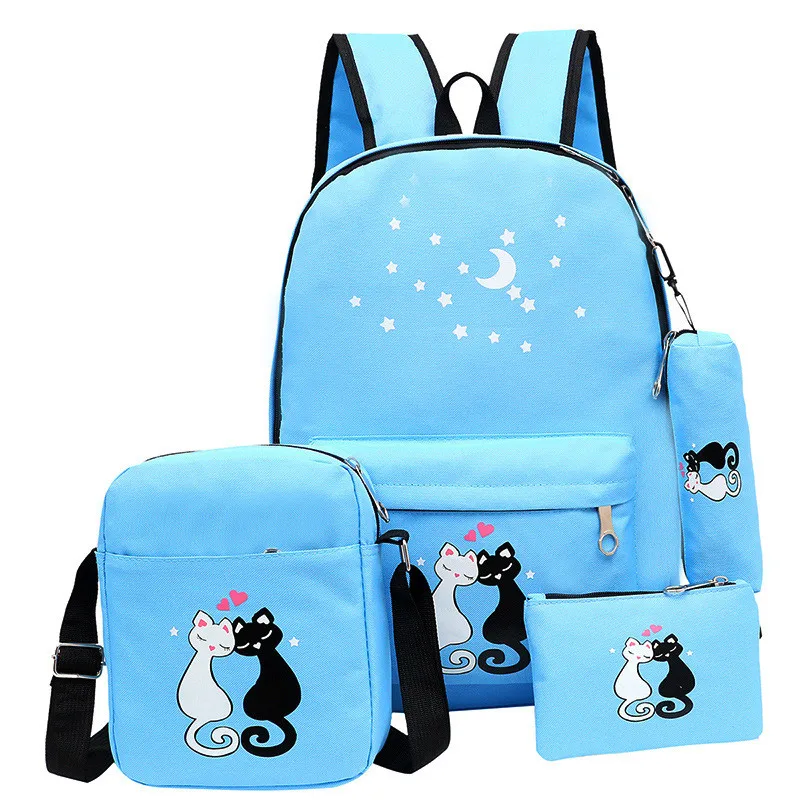 4Pcs/Set  Women Backpack Schoolbag Canvas Cat Pattern School Bag For Girls Laptop Backpack Female Shoulder Bag Bagpack Sac A Dos