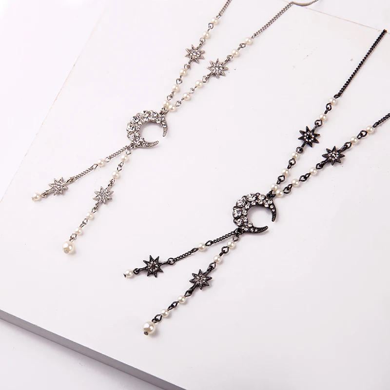 Панк Стиль 80 см длинное ожерелье таинственная черная луна и звезда серия платье