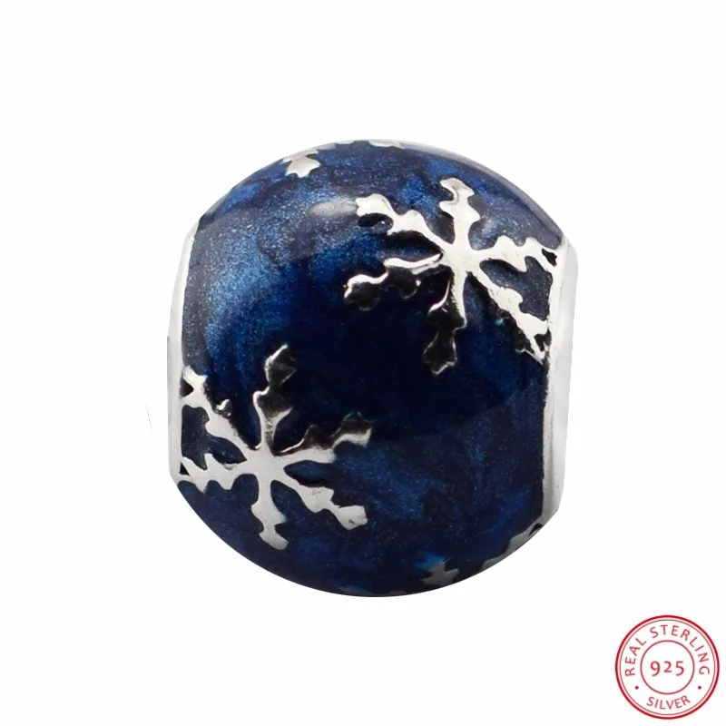 Идеальный Снежинка бусины покрыты темно синей эмалью DIY Fit PANDORA Подвески Серебро