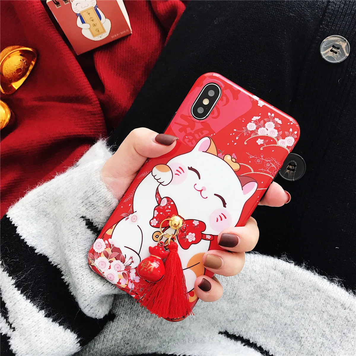 Applicable for iPhone Phone Case 6 Cute Kawaii Lucky Cat and Pendant Rope Soft TPU Back Cover cute animal |