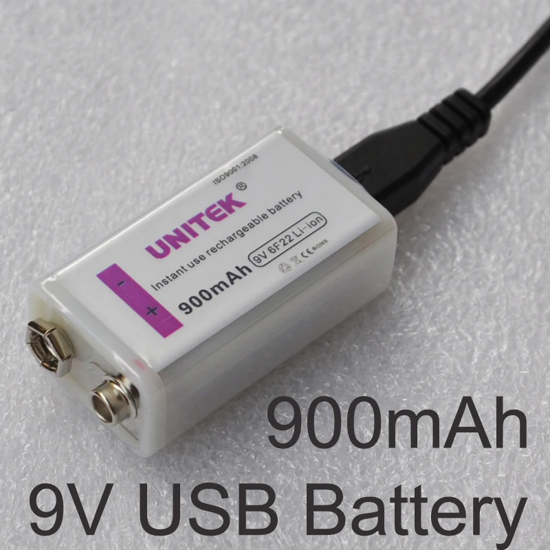 UNITEK 6F22 USB 9 в перезаряжаемая батарея 900 мАч литий-ионный аккумулятор для беспроводного микрофона гитары эквалайзер дымовая сигнализация мультиметр