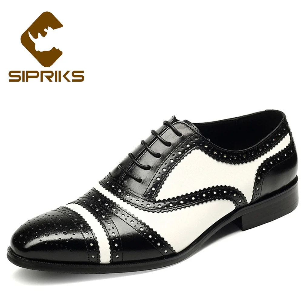 Мужские туфли броги Sipriks черные/белые кожаные с перфоратором|shoes designer men|shoes elegantshoes