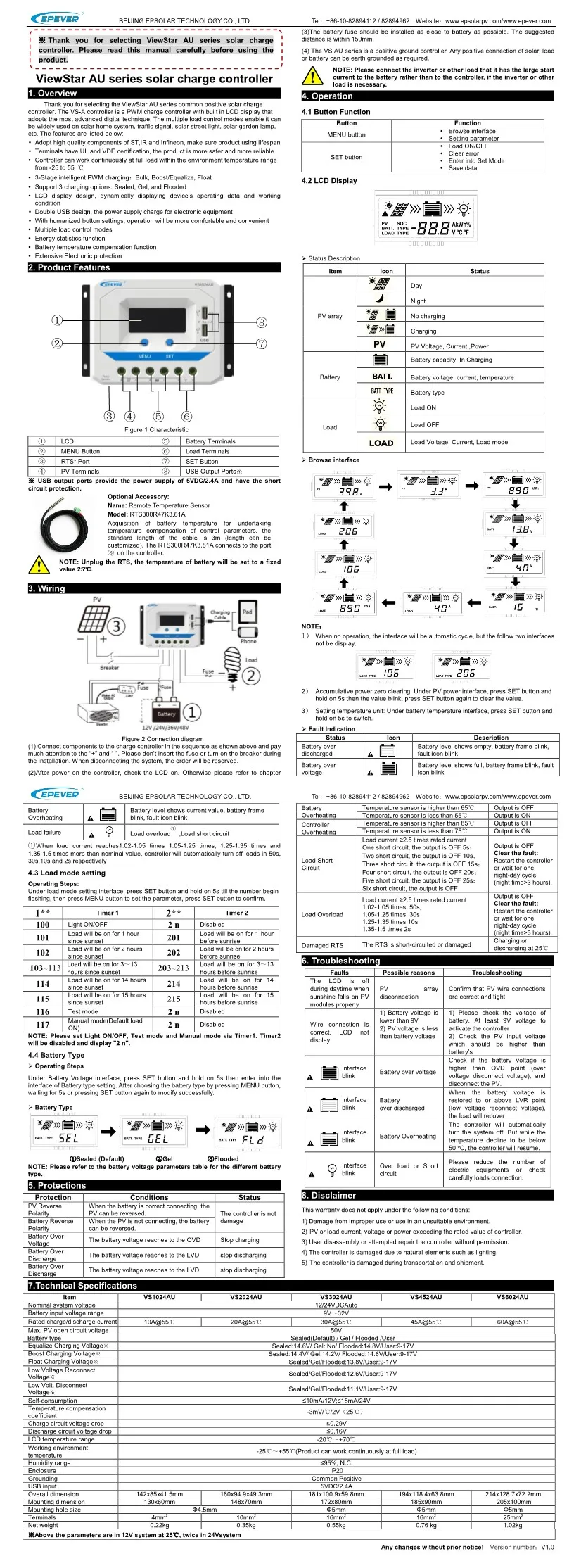 EPSOLAR VS1024AU 10A 12 V 24 V EP EPEVER контроллер солнечного заряда видозвезды ЖК-дисплей