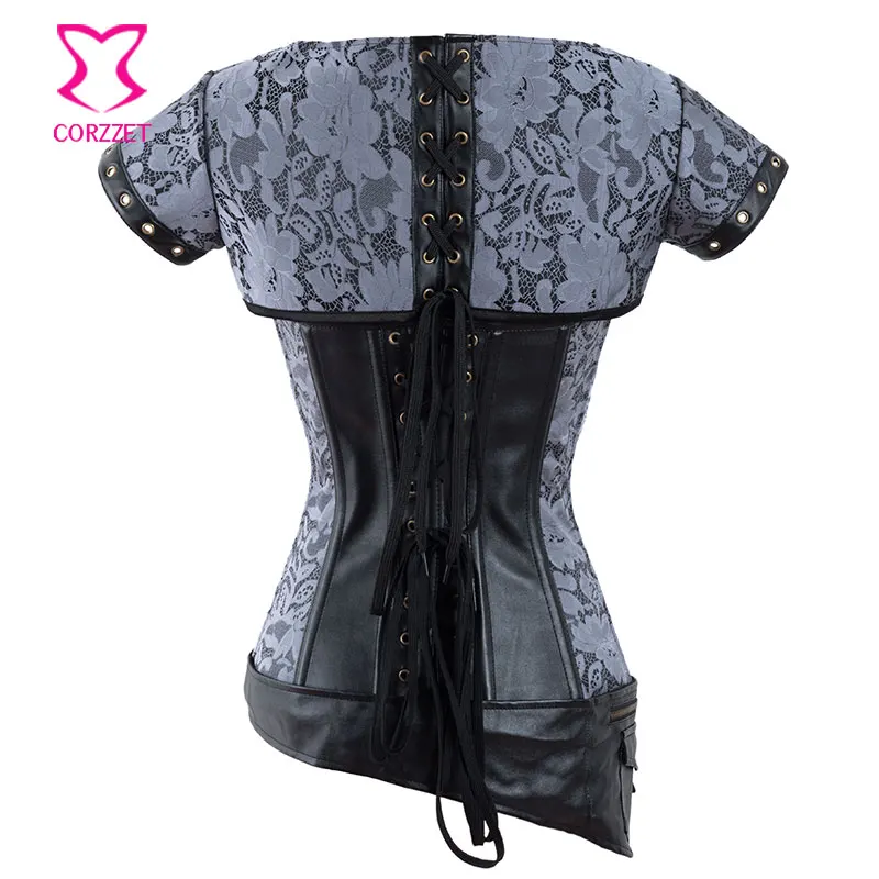 Женская готическая одежда корсет из синей парчи и искусственной кожи на молнии с