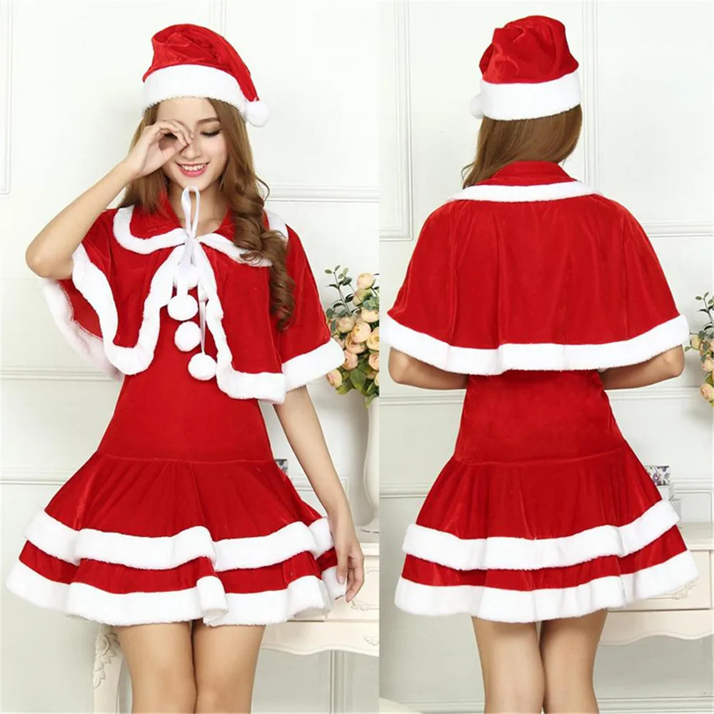 Рождественское платье Женский костюм для взрослых красные и белые бархатные