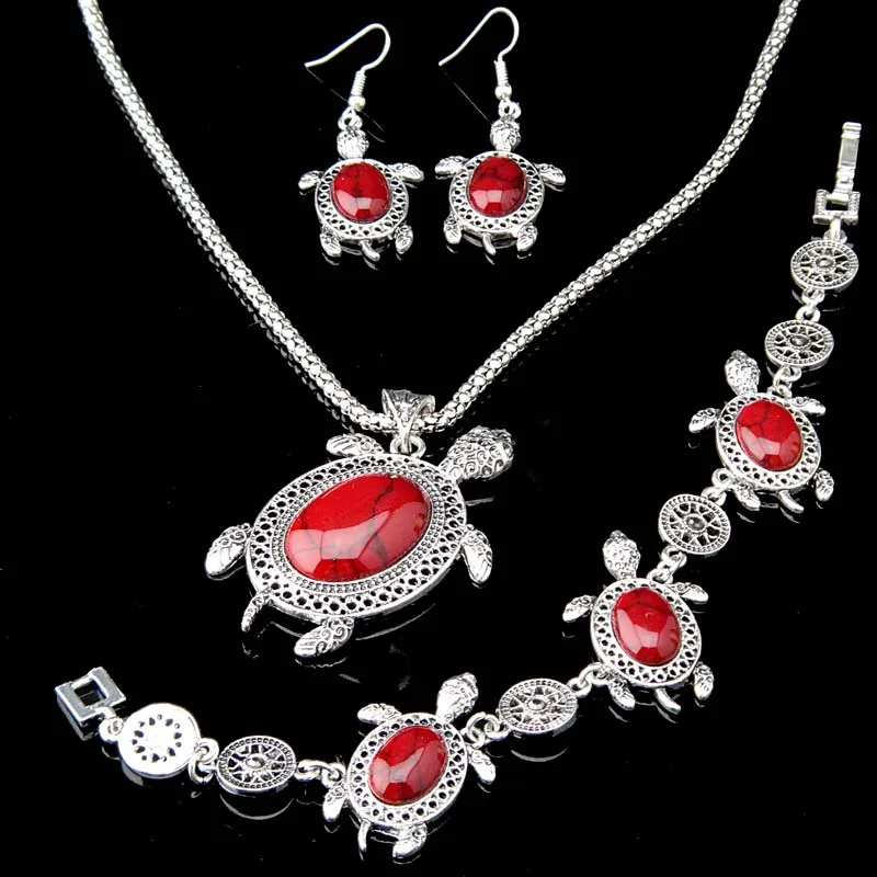 Античное серебро 3 шт. черепаха красная бирюза натуральное ожерелье серьги