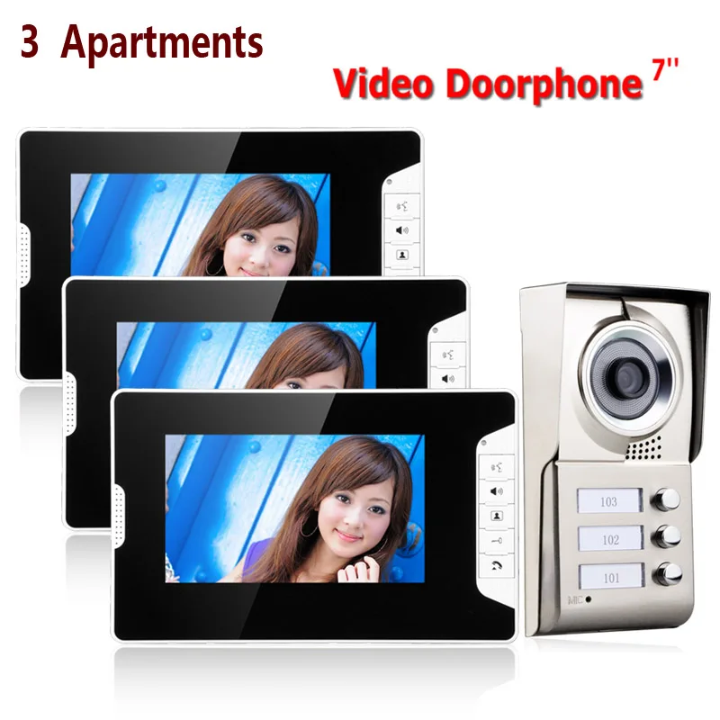 

7inch TFT 3 Apartments Video Door Phone Intercom System IR-CUT HD 1000TVL Camera Doorbell Camera with 3 button 3 Monitor Waterpr