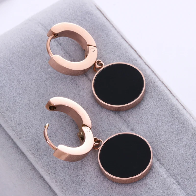 Женские круглые серьги-капли из титана и стали с застежкой розовое золото 1 пара |