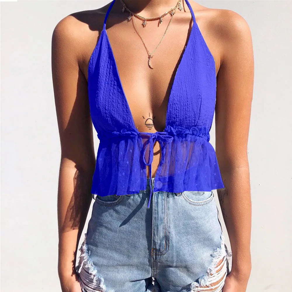 Sexy Mesh Halter Deep V-Neck Women's Laides Chiffon Solid Ruffles 8 Colors Tops Tees Tanks Camis Vests