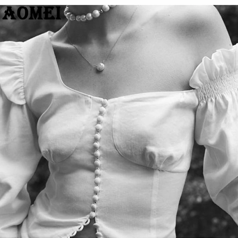 Женские Элегантные белые топы Ретро кнопка вверх рубашка Сексуальная Блузка с