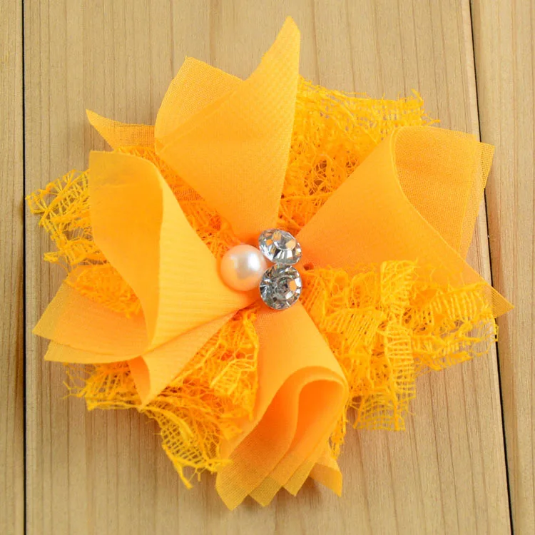16 шт./лот кружевные и шифоновые цветы для девочек волос со стразами жемчужный