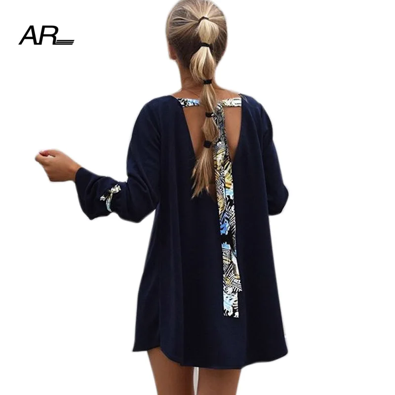 AR Sexy Backless Bandage mini Dress Summer Womens Long Sleeve Bow Cuff Solid Loose Dresses Women O-Neck Casual Short | Женская одежда