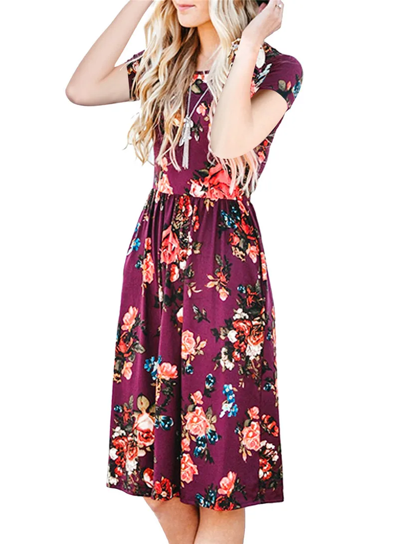 Женское летнее богемное платье с коротким рукавом и цветочным принтом новинка 2018