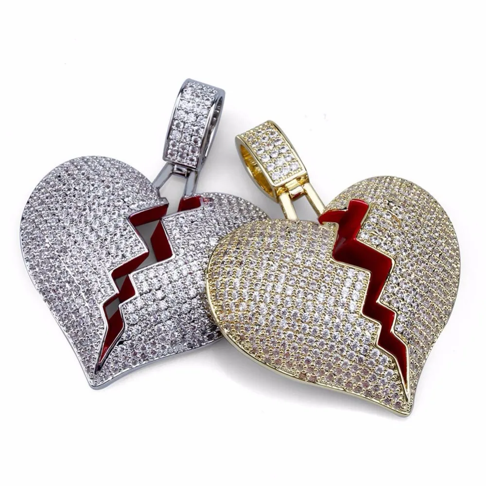 

Hip Hop Rapper Full AAA CZ Zircon Bling Iced Out Broken Heart Pendants Necklace for Men Women Lovers Jewelry Gold Color Gift