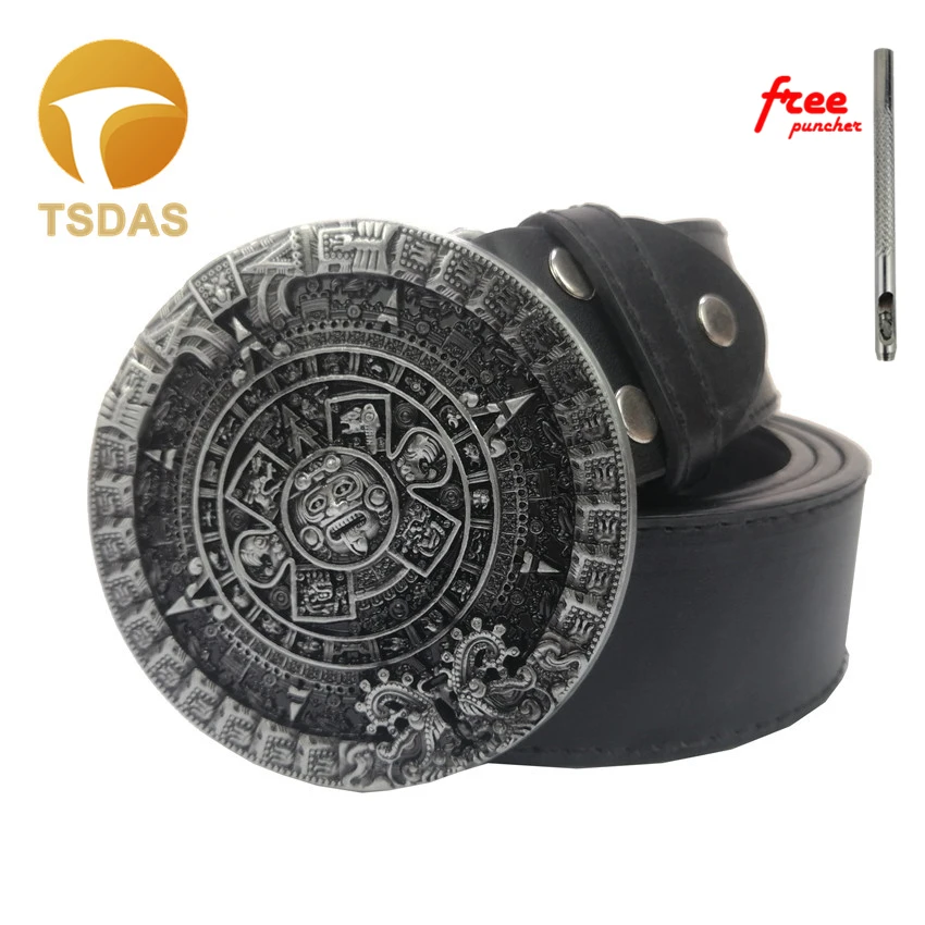 

Ацтекский календарь круглый западный Мужской ковбойский ремень пряжка с серебряным покрытием металлическая пряжка для ремня с Pu ремнем