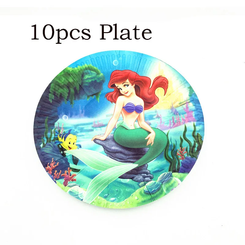 6pcs 9 inch plate Дисней Русалка Ариэль вечерние украшения для девочек на день рождения латексные шары посуда бумажная шляпа салфетки тарелка скатерть с днем рождения подарок - Цвет: 6pcs 9 inch plate