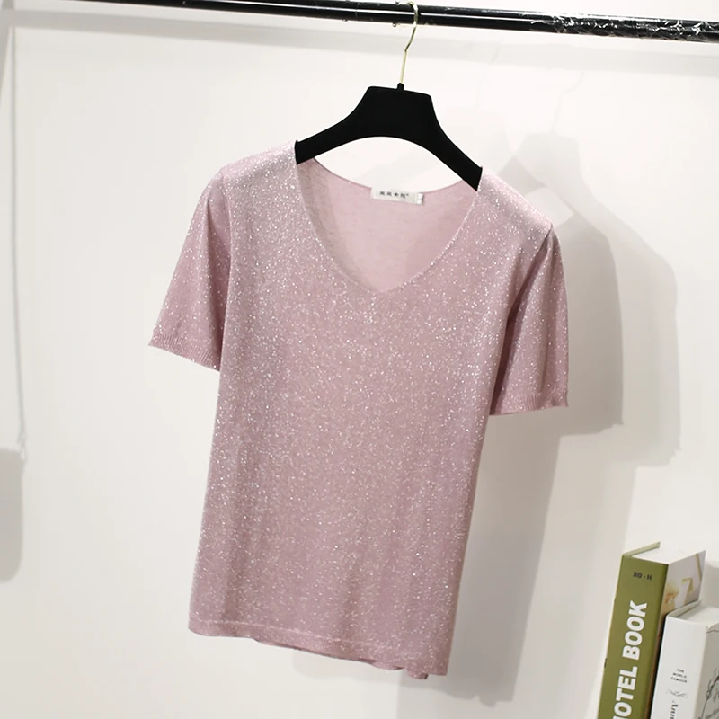 Высокое качество с v-образной горловиной Тонкий блестящий вязаный свитер пуловер