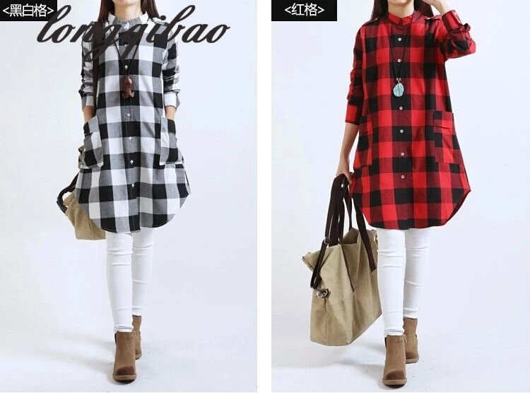 Женская длинная рубашка в клетку льняная с длинным рукавом Корейском стиле