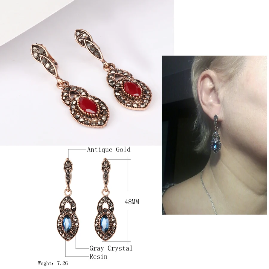 Серьги-капли с модным голубым камнем с черными кристаллами для женщин, турецкие Антикварные Золотые клипсы, винтажные богемные ювелирные изделия