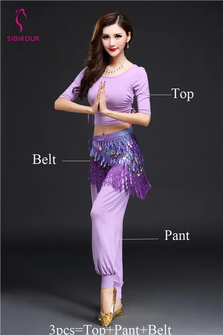 Purple 3pcs Женский костюм для танца живота, тренировочная одежда для йоги, одежда для танца живота для взрослых, Восточный Болливуд, индийский Топ, пояс для брюк, тренировочная одежда - Цвет: Purple 3pcs