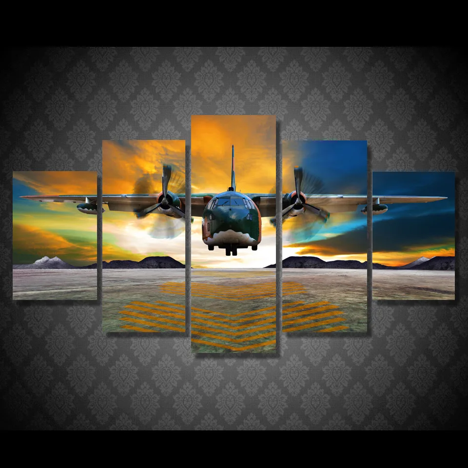 Home Decor HD Prints Canvas Poster Framework 5 Pieces Airplane Fly Sunset Painting Jet Aircraft Picture For Living Room Wall Art | Дом и сад