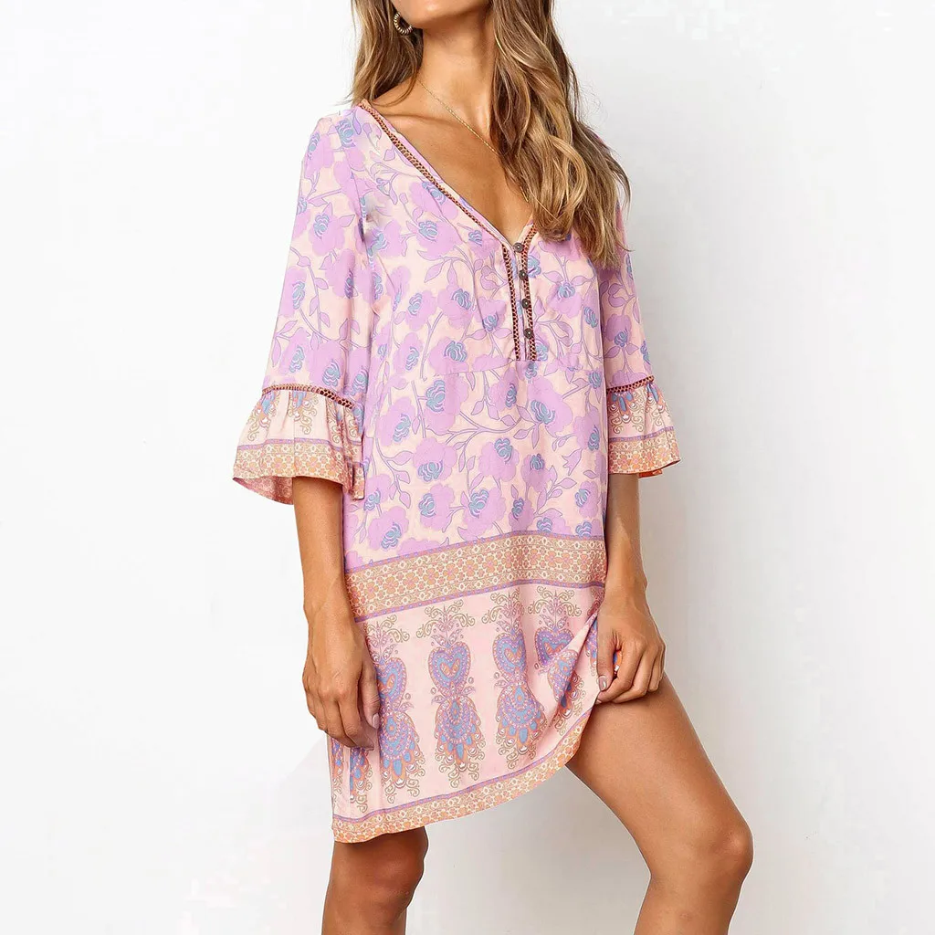 Летнее богемное платье Для женщин Повседневное печать рукав три четверти мини