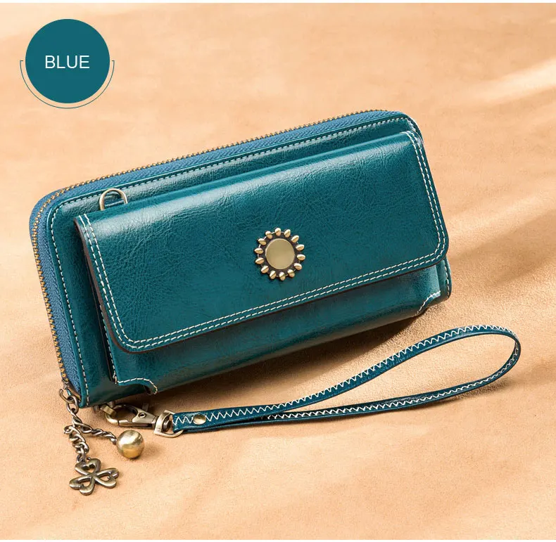 Vintage Oil Wax Leather Women Wallets Long Zippers Purse Genuine Leather Wallet Female Clutch Multifunction Big Capacity Wallet