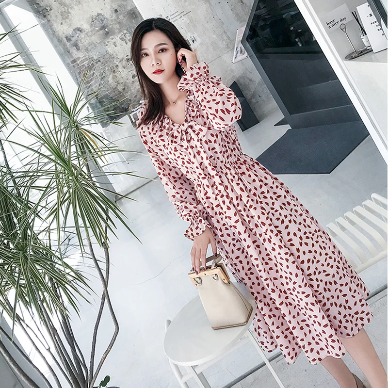 2019 весенние новые женские шифоновые платья с цветочным принтом тонкий галстук